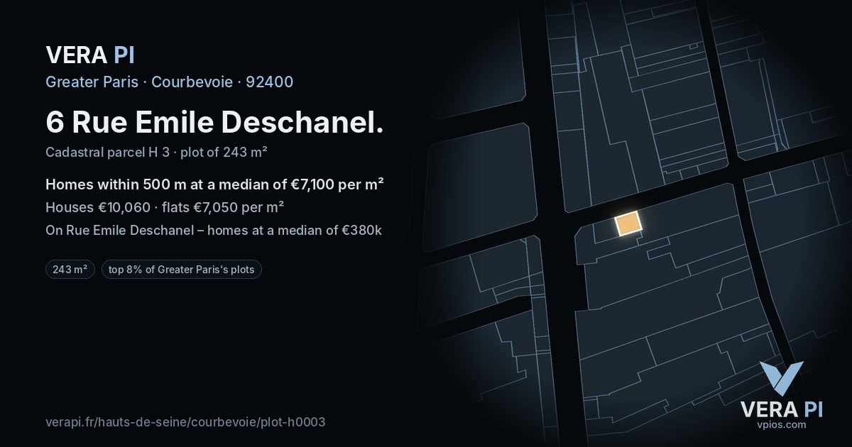 6 Rue Emile Deschanel, Courbevoie at night – the plot lit, the parcels around coloured by the prices near them