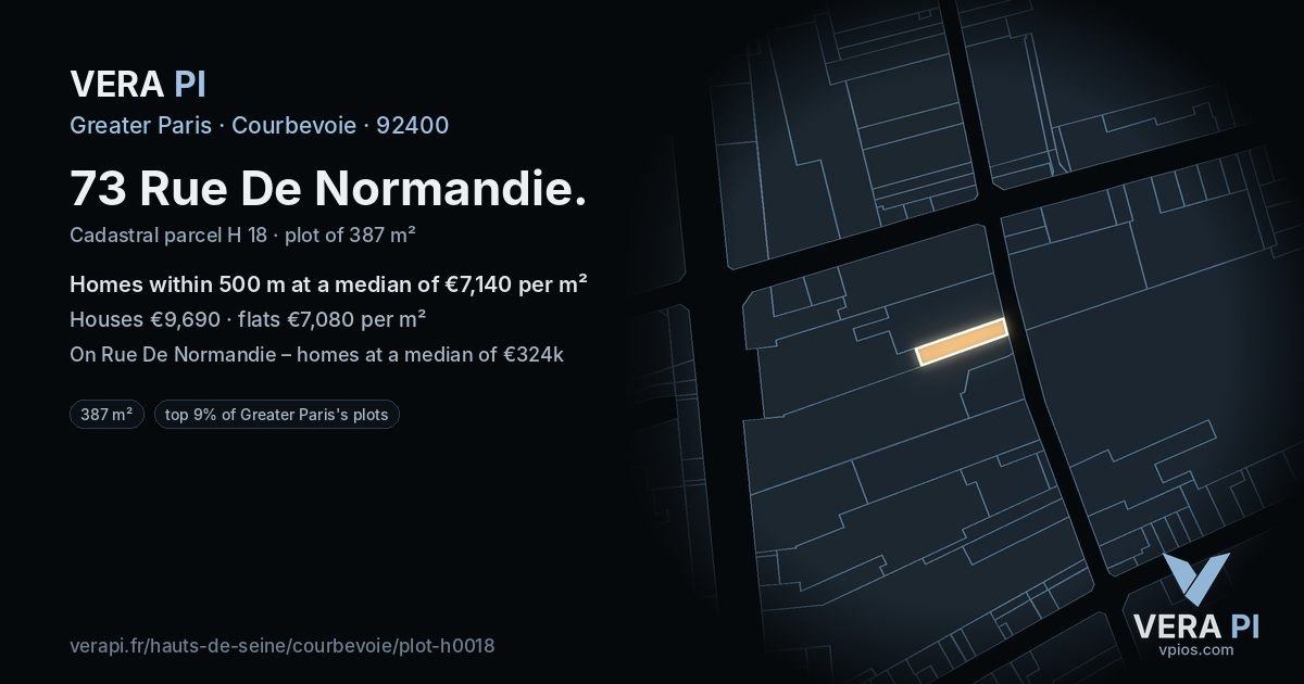 73 Rue De Normandie, Courbevoie at night – the plot lit, the parcels around coloured by the prices near them