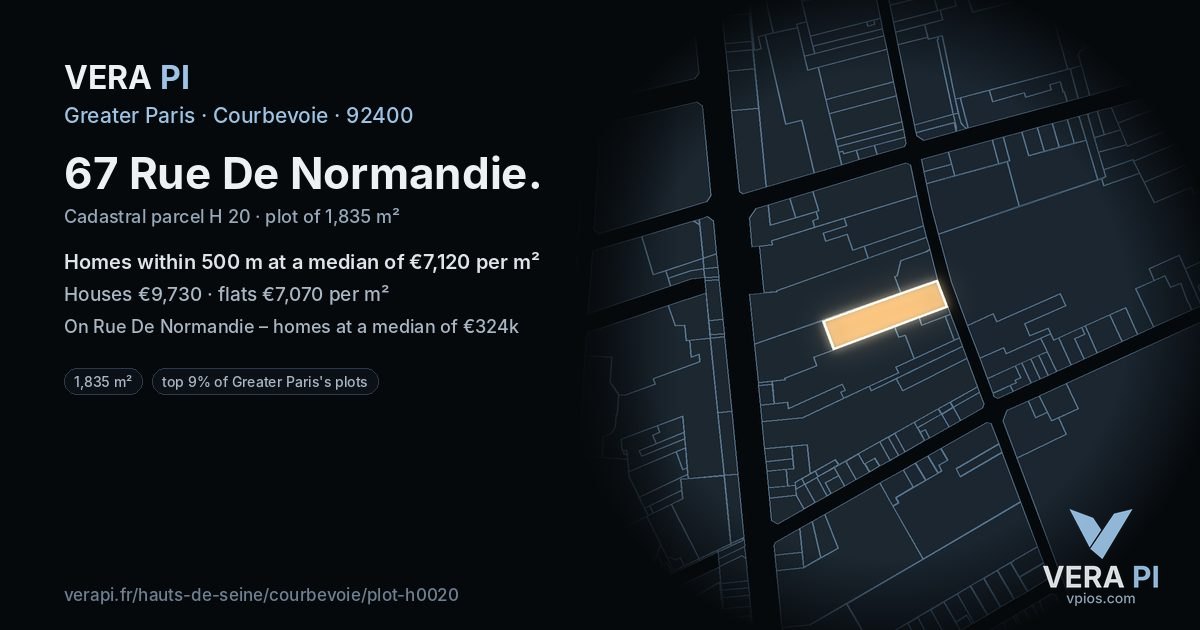 67 Rue De Normandie, Courbevoie at night – the plot lit, the parcels around coloured by the prices near them