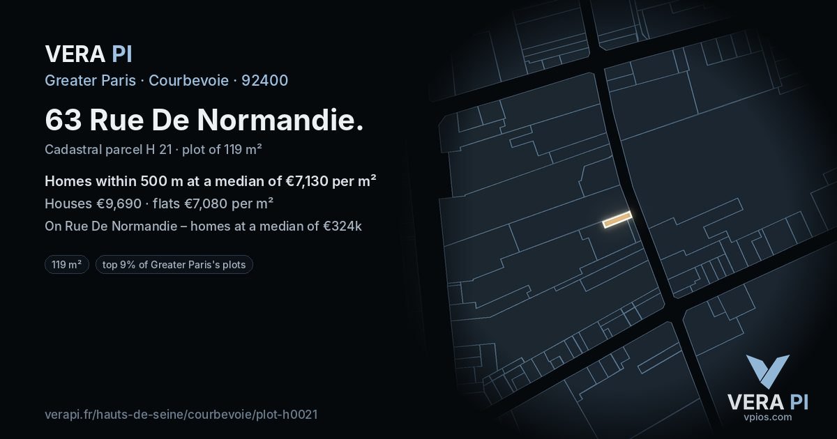 63 Rue De Normandie, Courbevoie at night – the plot lit, the parcels around coloured by the prices near them