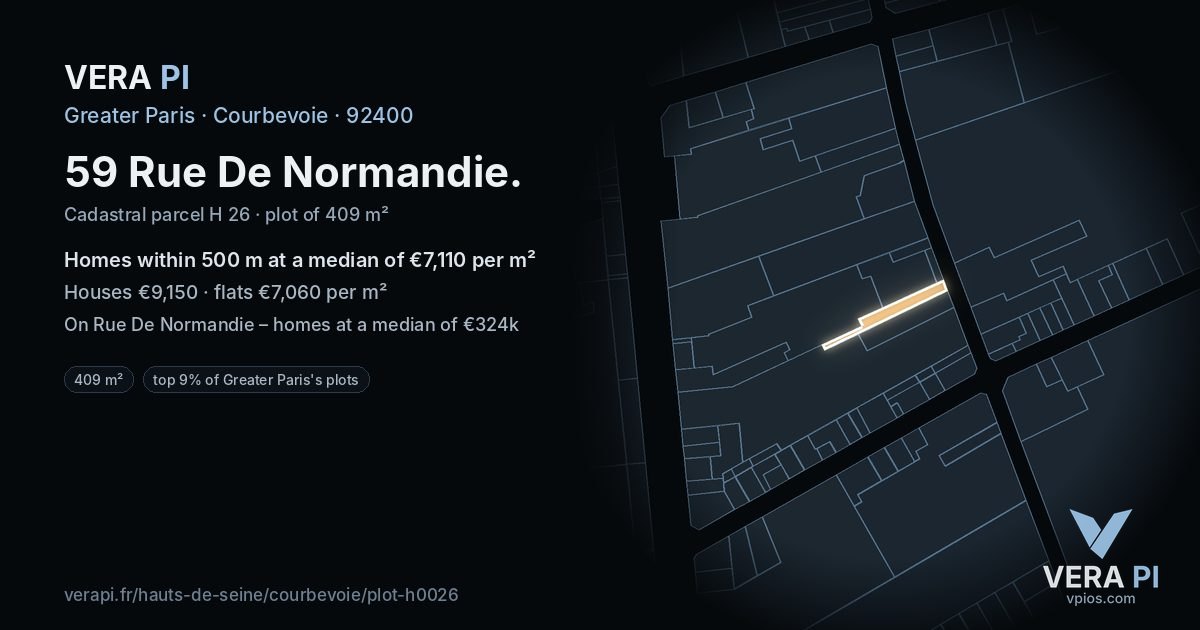 59 Rue De Normandie, Courbevoie at night – the plot lit, the parcels around coloured by the prices near them