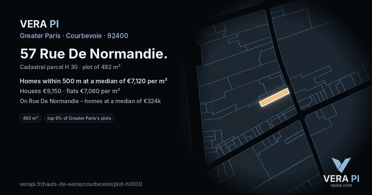 57 Rue De Normandie, Courbevoie at night – the plot lit, the parcels around coloured by the prices near them