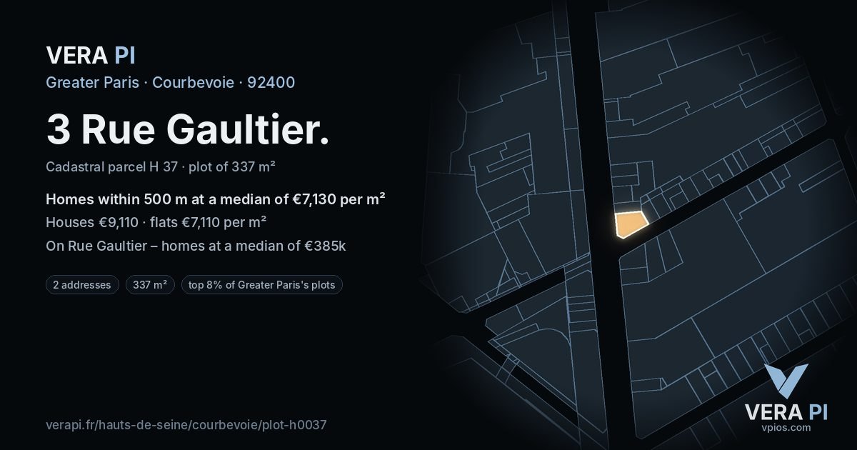 3 Rue Gaultier, Courbevoie at night – the plot lit, the parcels around coloured by the prices near them