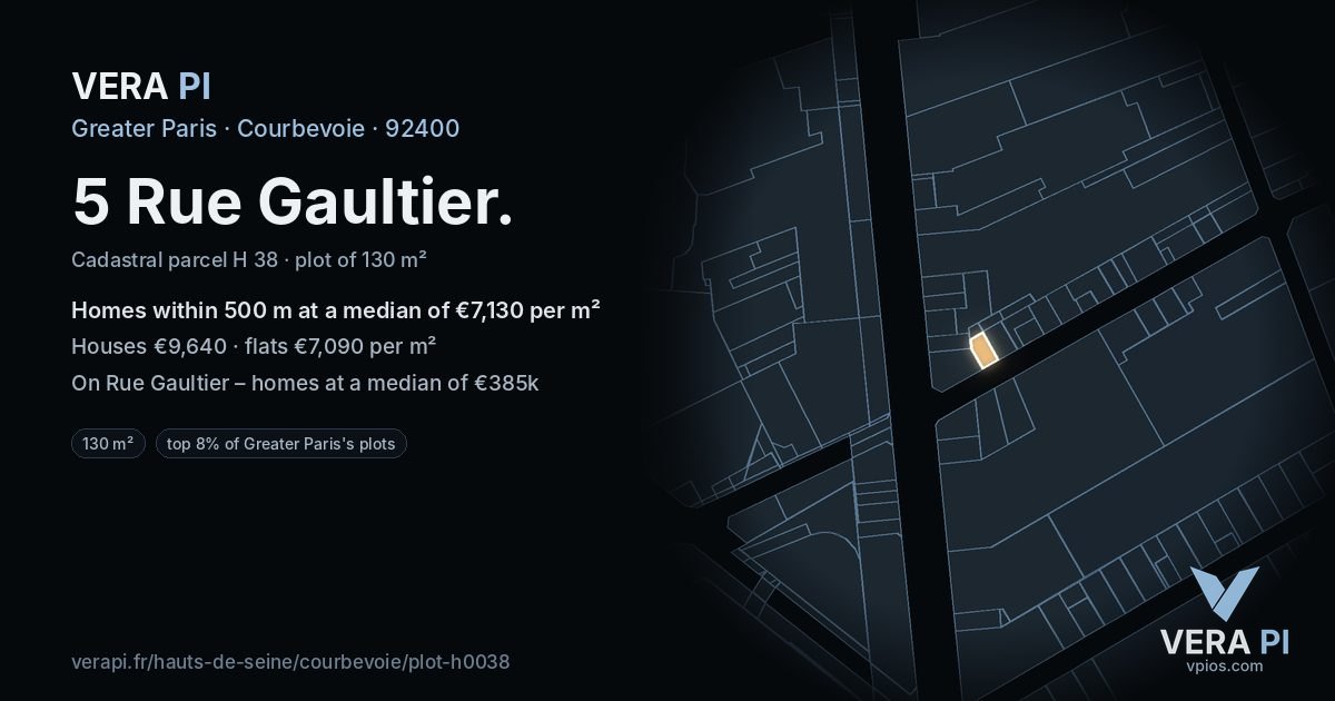 5 Rue Gaultier, Courbevoie at night – the plot lit, the parcels around coloured by the prices near them