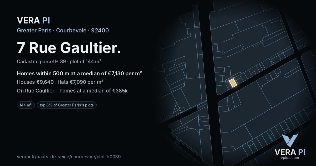 7 Rue Gaultier, Courbevoie at night – the plot lit, the parcels around coloured by the prices near them