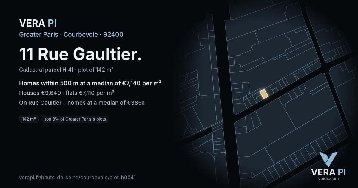 11 Rue Gaultier, Courbevoie at night – the plot lit, the parcels around coloured by the prices near them