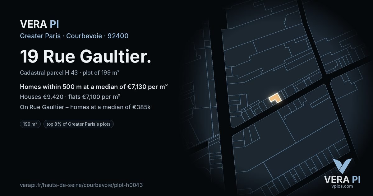 19 Rue Gaultier, Courbevoie at night – the plot lit, the parcels around coloured by the prices near them