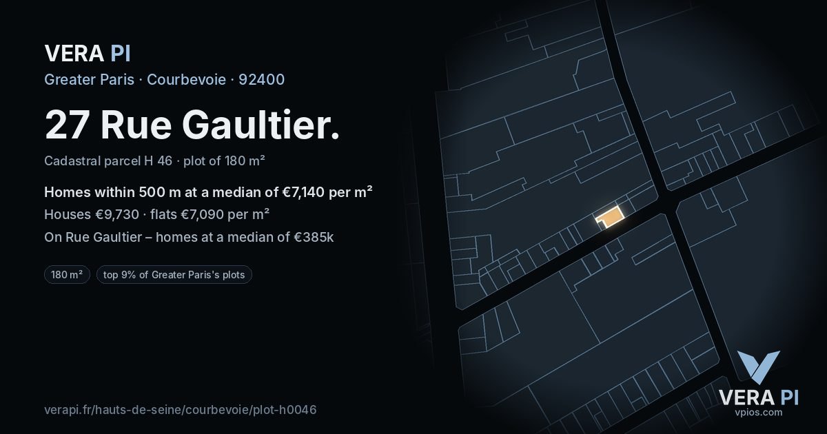 27 Rue Gaultier, Courbevoie at night – the plot lit, the parcels around coloured by the prices near them