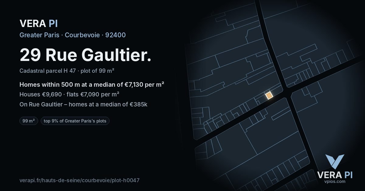 29 Rue Gaultier, Courbevoie at night – the plot lit, the parcels around coloured by the prices near them