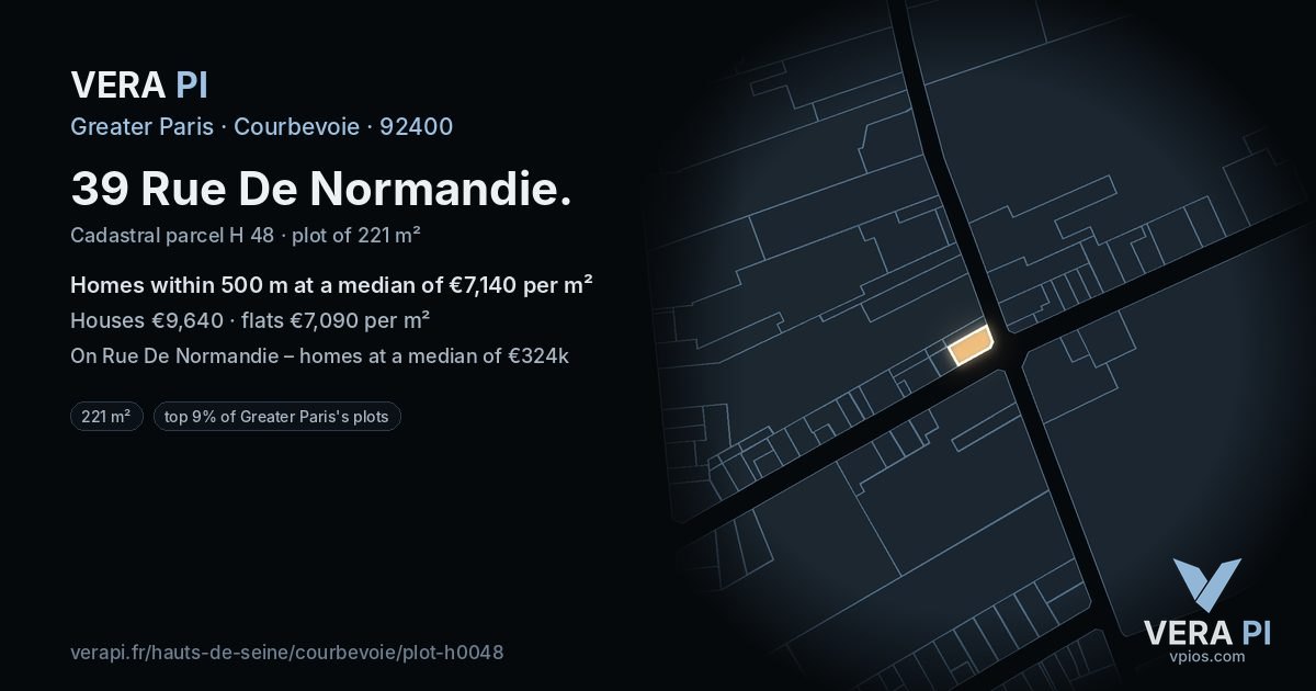 39 Rue De Normandie, Courbevoie at night – the plot lit, the parcels around coloured by the prices near them