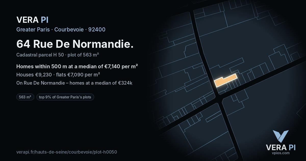 64 Rue De Normandie, Courbevoie at night – the plot lit, the parcels around coloured by the prices near them