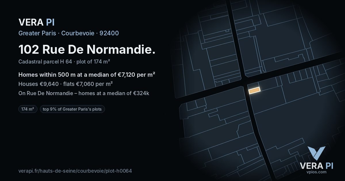 102 Rue De Normandie, Courbevoie at night – the plot lit, the parcels around coloured by the prices near them