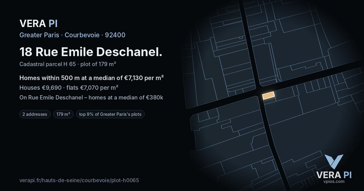 18 Rue Emile Deschanel, Courbevoie at night – the plot lit, the parcels around coloured by the prices near them