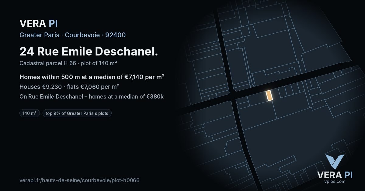 24 Rue Emile Deschanel, Courbevoie at night – the plot lit, the parcels around coloured by the prices near them