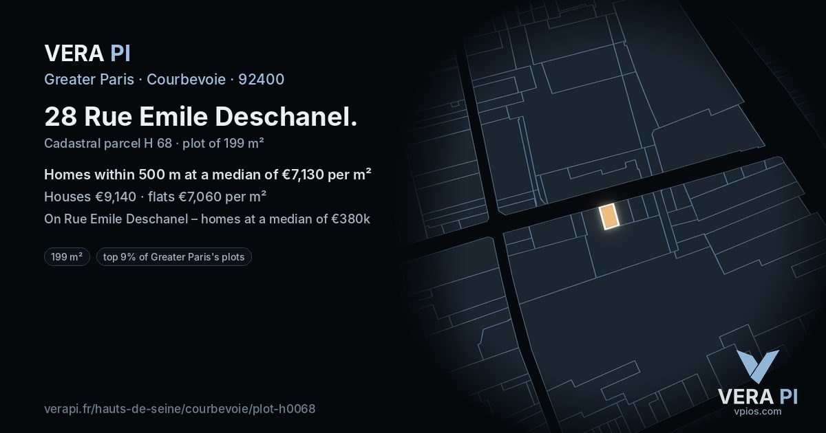 28 Rue Emile Deschanel, Courbevoie at night – the plot lit, the parcels around coloured by the prices near them