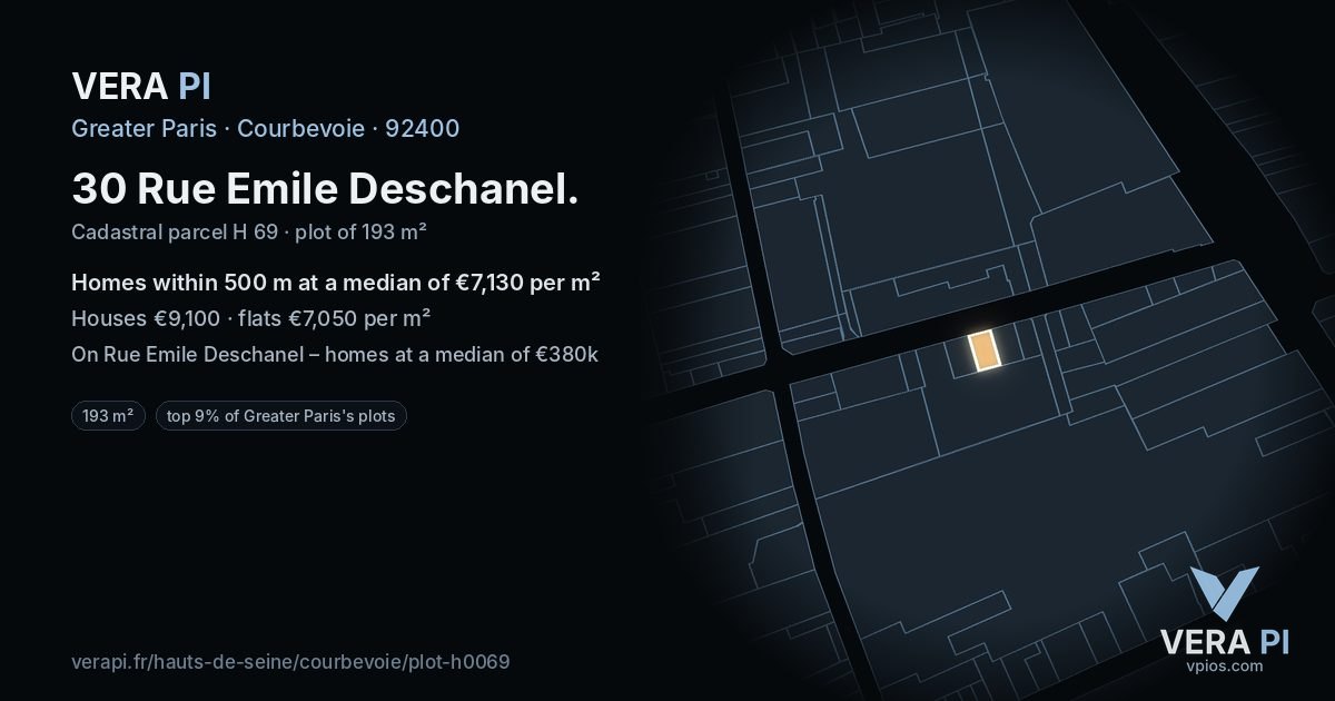 30 Rue Emile Deschanel, Courbevoie at night – the plot lit, the parcels around coloured by the prices near them
