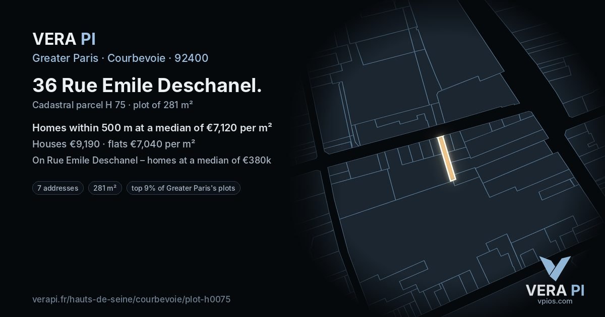 36 Rue Emile Deschanel, Courbevoie at night – the plot lit, the parcels around coloured by the prices near them