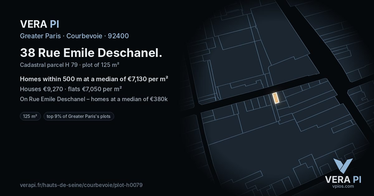 38 Rue Emile Deschanel, Courbevoie at night – the plot lit, the parcels around coloured by the prices near them