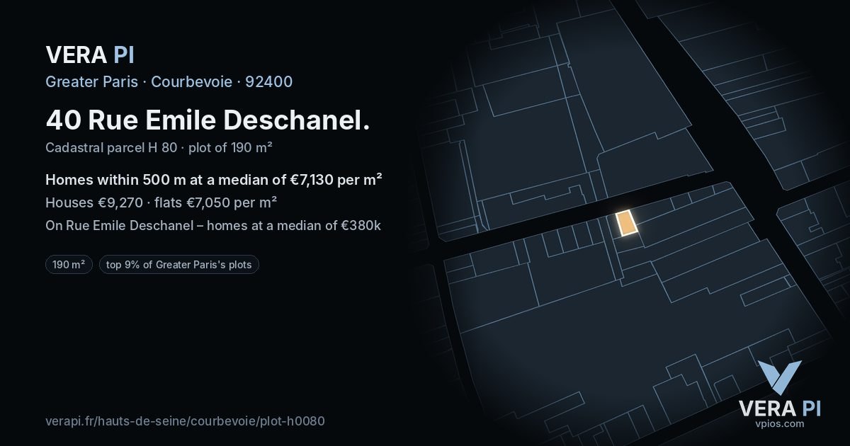 40 Rue Emile Deschanel, Courbevoie at night – the plot lit, the parcels around coloured by the prices near them