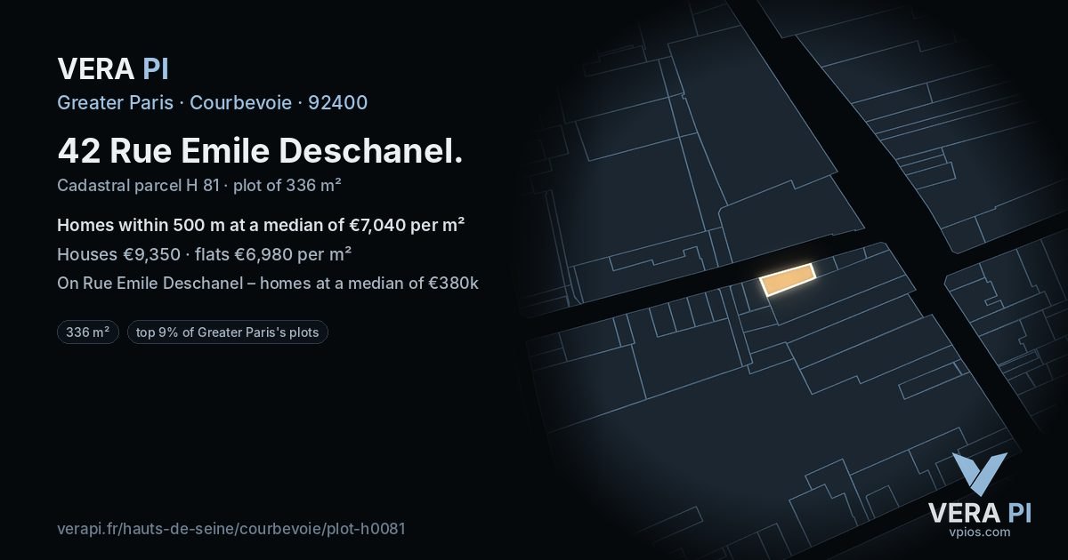 42 Rue Emile Deschanel, Courbevoie at night – the plot lit, the parcels around coloured by the prices near them