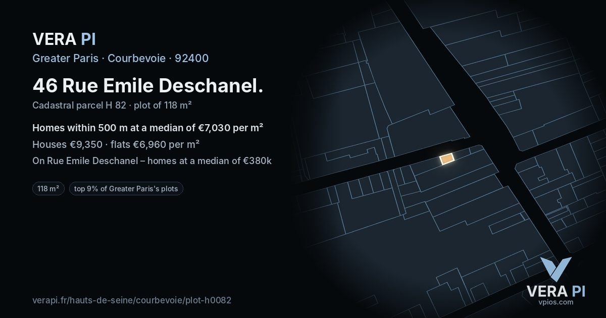 46 Rue Emile Deschanel, Courbevoie at night – the plot lit, the parcels around coloured by the prices near them