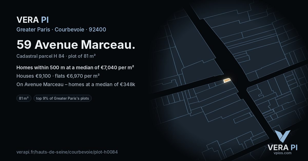 59 Avenue Marceau, Courbevoie at night – the plot lit, the parcels around coloured by the prices near them