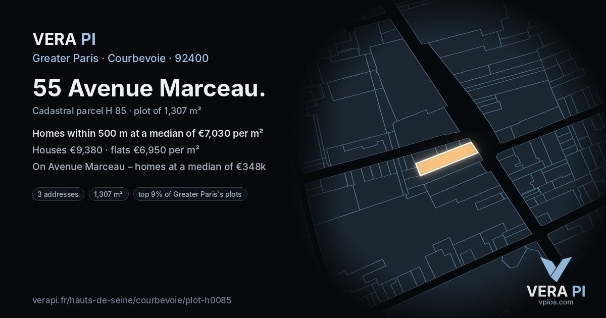 55 Avenue Marceau, Courbevoie at night – the plot lit, the parcels around coloured by the prices near them
