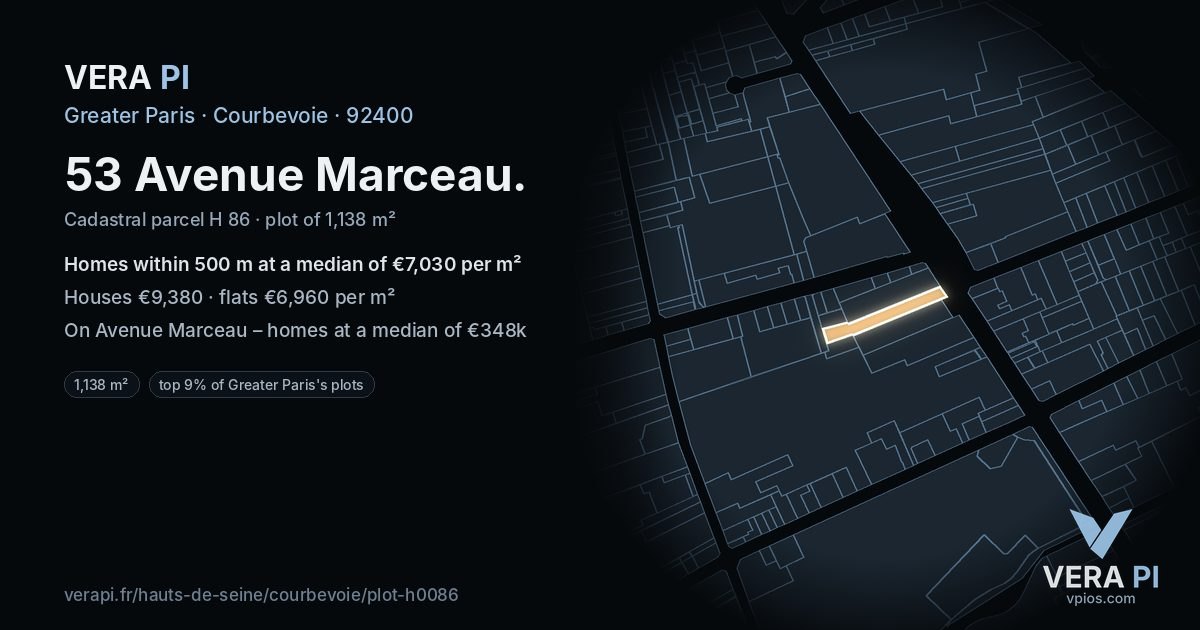 53 Avenue Marceau, Courbevoie at night – the plot lit, the parcels around coloured by the prices near them