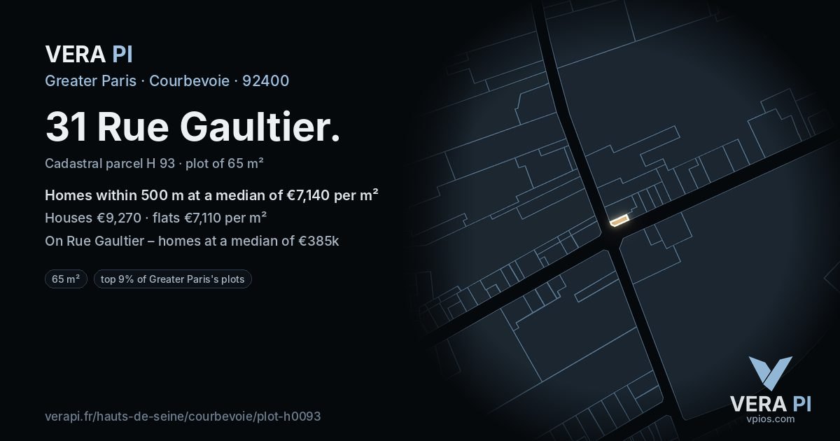 31 Rue Gaultier, Courbevoie at night – the plot lit, the parcels around coloured by the prices near them