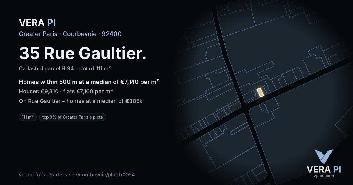 35 Rue Gaultier, Courbevoie at night – the plot lit, the parcels around coloured by the prices near them