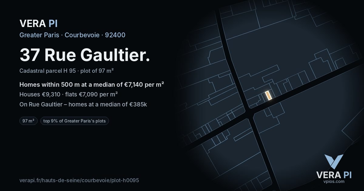37 Rue Gaultier, Courbevoie at night – the plot lit, the parcels around coloured by the prices near them