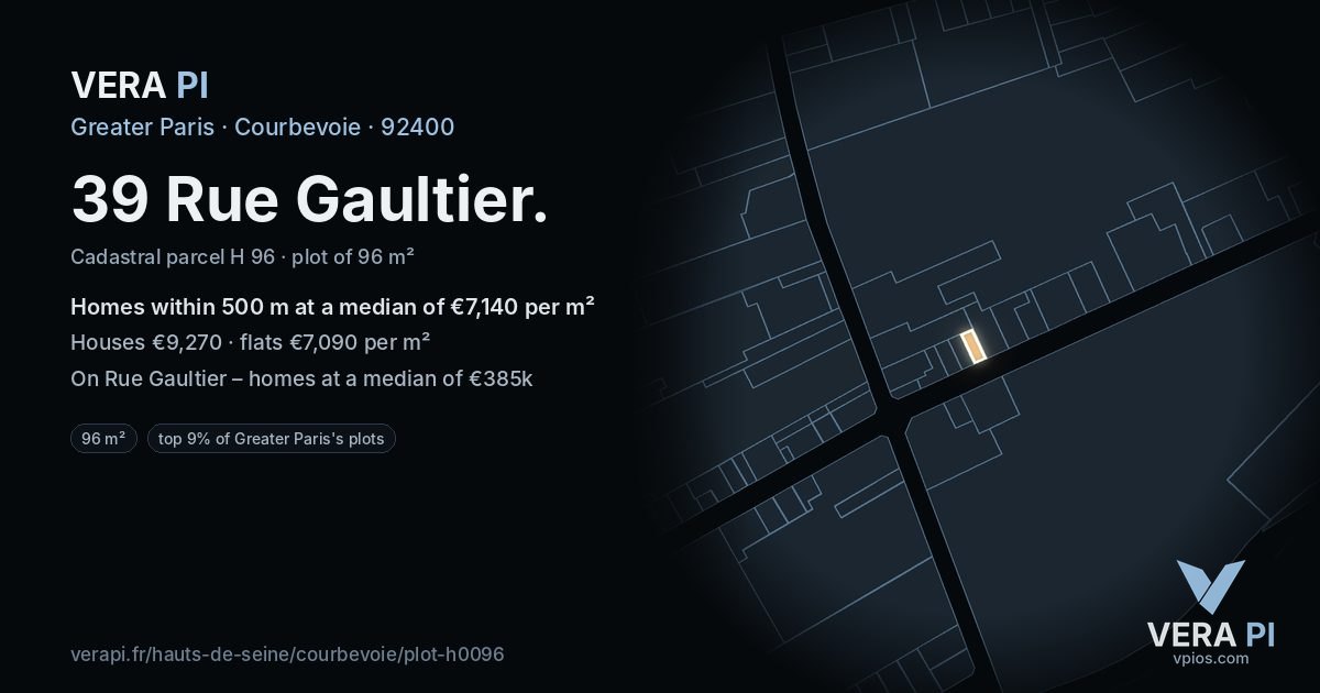 39 Rue Gaultier, Courbevoie at night – the plot lit, the parcels around coloured by the prices near them