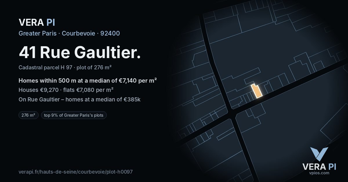 41 Rue Gaultier, Courbevoie at night – the plot lit, the parcels around coloured by the prices near them
