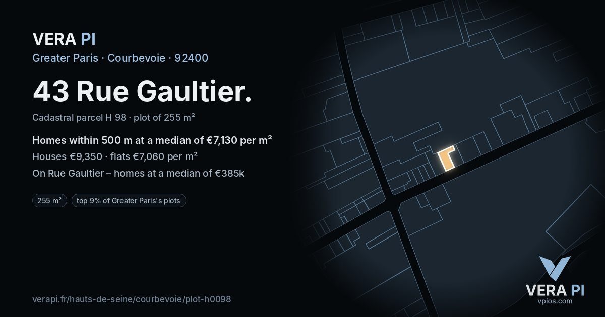 43 Rue Gaultier, Courbevoie at night – the plot lit, the parcels around coloured by the prices near them