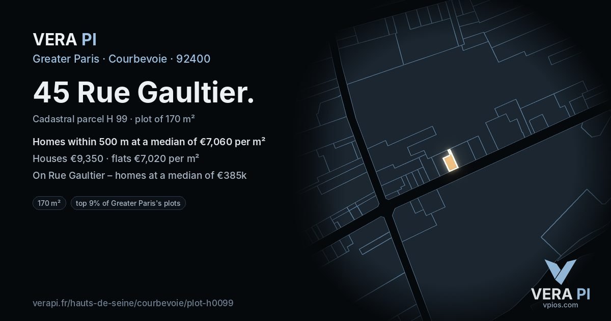 45 Rue Gaultier, Courbevoie at night – the plot lit, the parcels around coloured by the prices near them