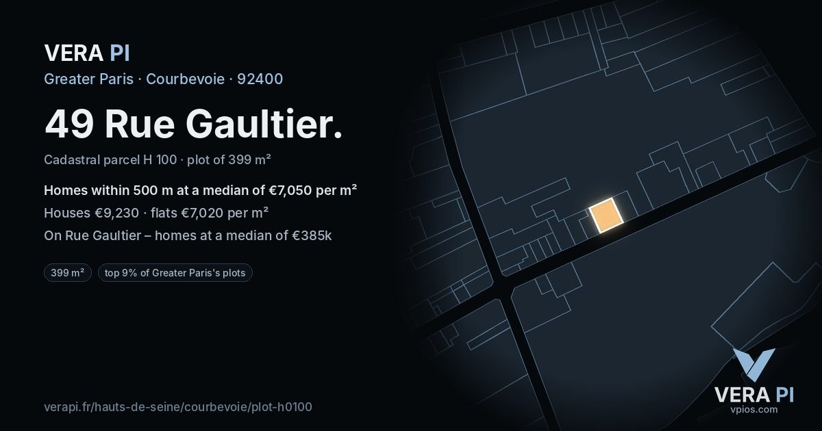 49 Rue Gaultier, Courbevoie at night – the plot lit, the parcels around coloured by the prices near them