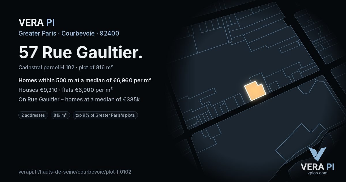 57 Rue Gaultier, Courbevoie at night – the plot lit, the parcels around coloured by the prices near them