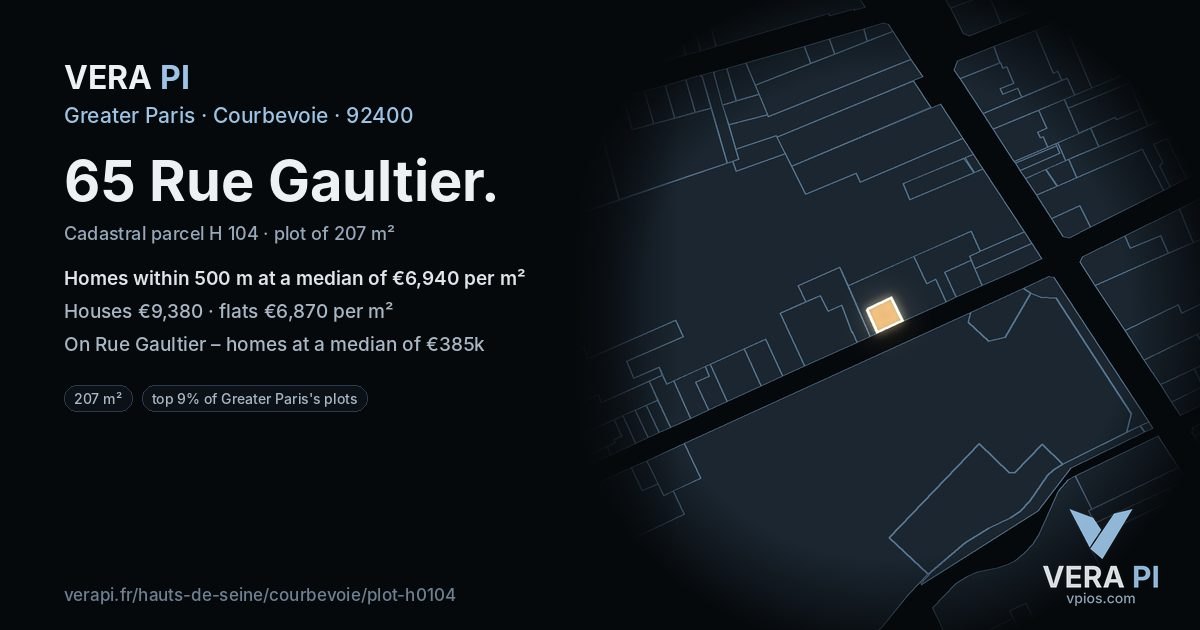 65 Rue Gaultier, Courbevoie at night – the plot lit, the parcels around coloured by the prices near them