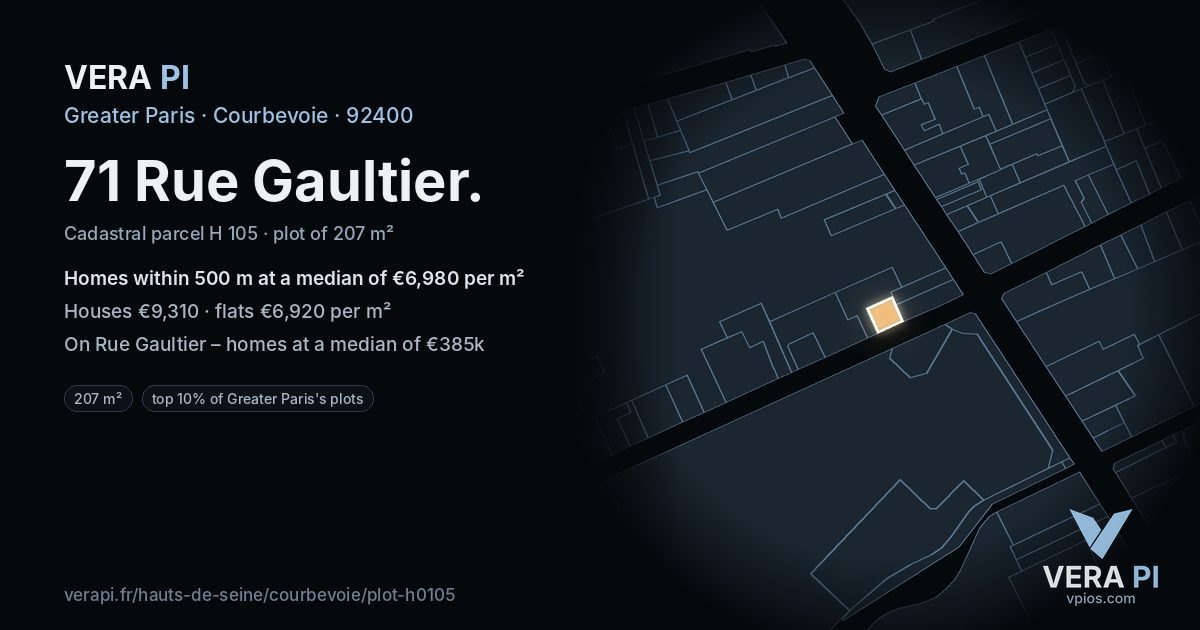 71 Rue Gaultier, Courbevoie at night – the plot lit, the parcels around coloured by the prices near them