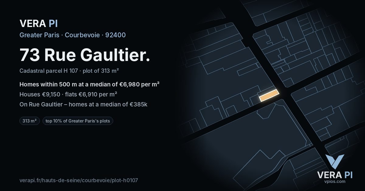 73 Rue Gaultier, Courbevoie at night – the plot lit, the parcels around coloured by the prices near them