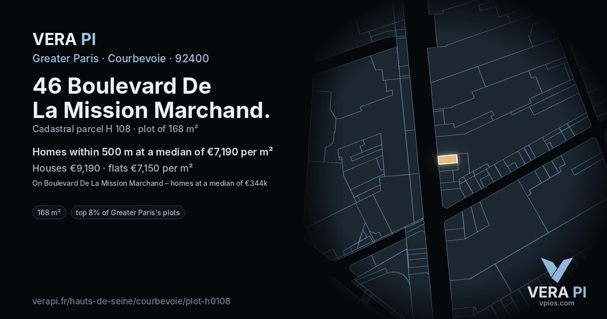 46 Boulevard De La Mission Marchand, Courbevoie at night – the plot lit, the parcels around coloured by the prices near them