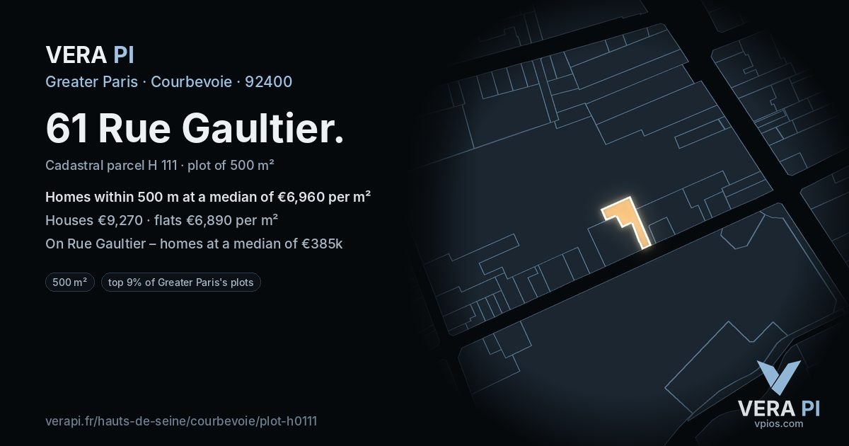 61 Rue Gaultier, Courbevoie at night – the plot lit, the parcels around coloured by the prices near them