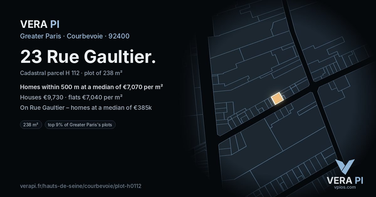 23 Rue Gaultier, Courbevoie at night – the plot lit, the parcels around coloured by the prices near them
