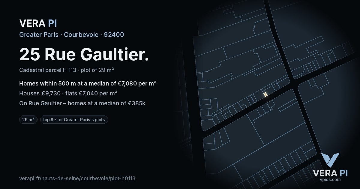 25 Rue Gaultier, Courbevoie at night – the plot lit, the parcels around coloured by the prices near them