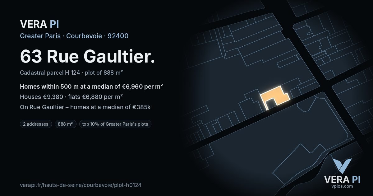 63 Rue Gaultier, Courbevoie at night – the plot lit, the parcels around coloured by the prices near them