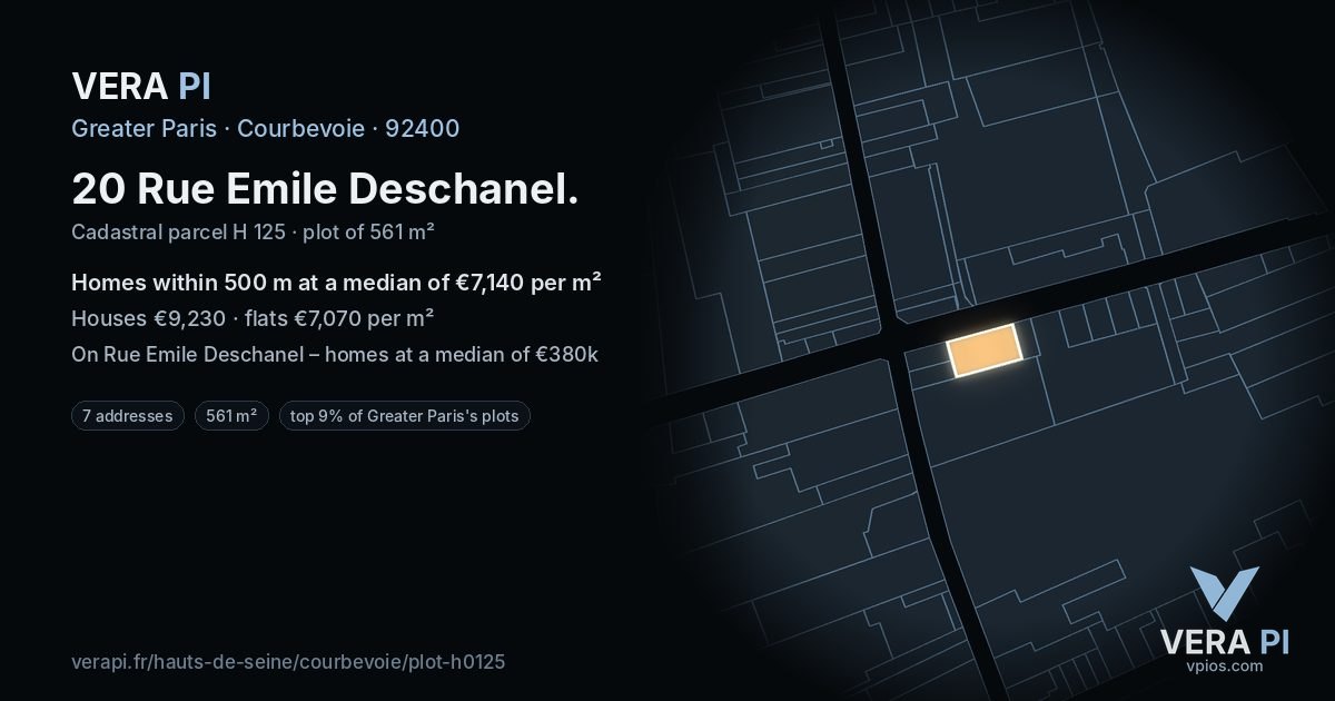 20 Rue Emile Deschanel, Courbevoie at night – the plot lit, the parcels around coloured by the prices near them