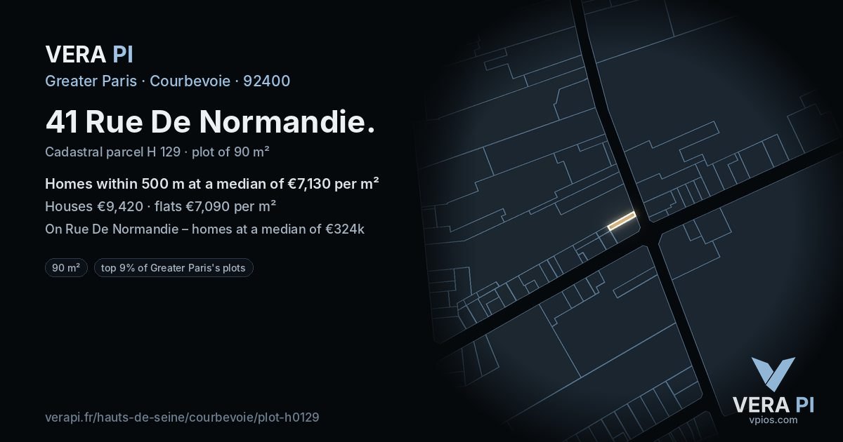 41 Rue De Normandie, Courbevoie at night – the plot lit, the parcels around coloured by the prices near them