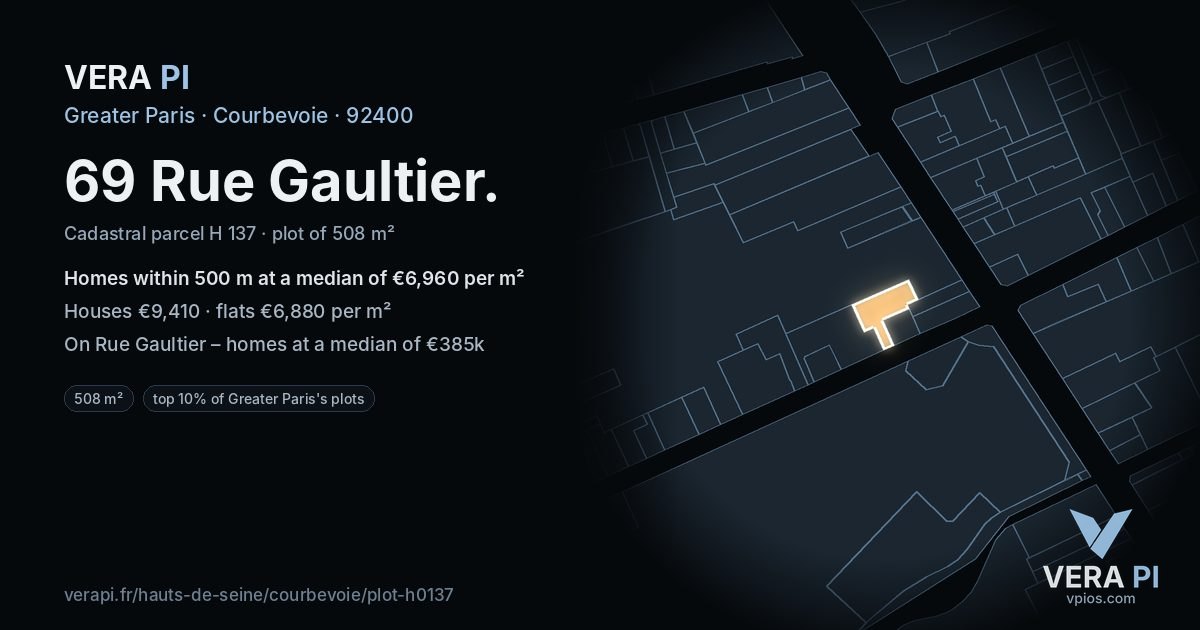 69 Rue Gaultier, Courbevoie at night – the plot lit, the parcels around coloured by the prices near them