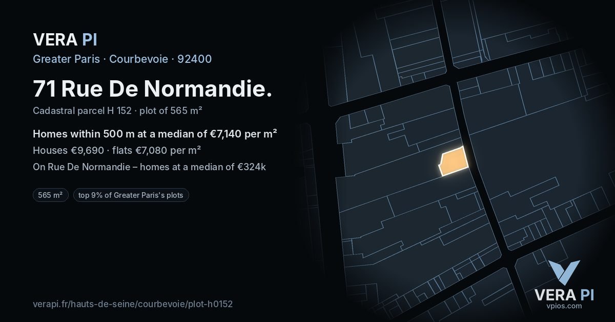71 Rue De Normandie, Courbevoie at night – the plot lit, the parcels around coloured by the prices near them