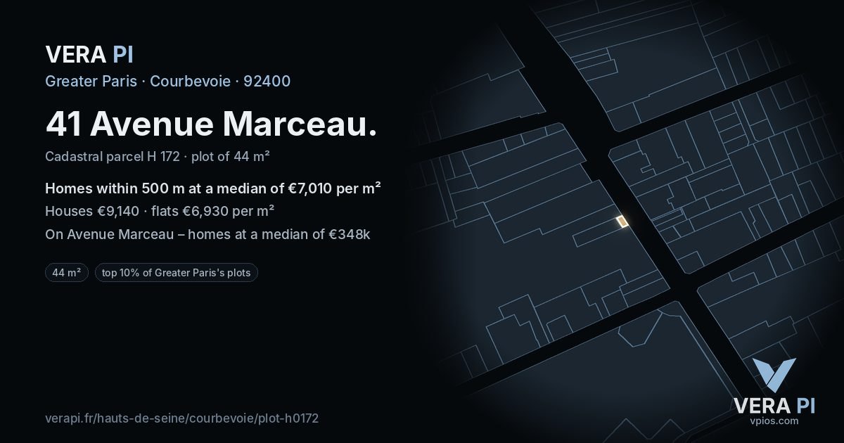 41 Avenue Marceau, Courbevoie at night – the plot lit, the parcels around coloured by the prices near them